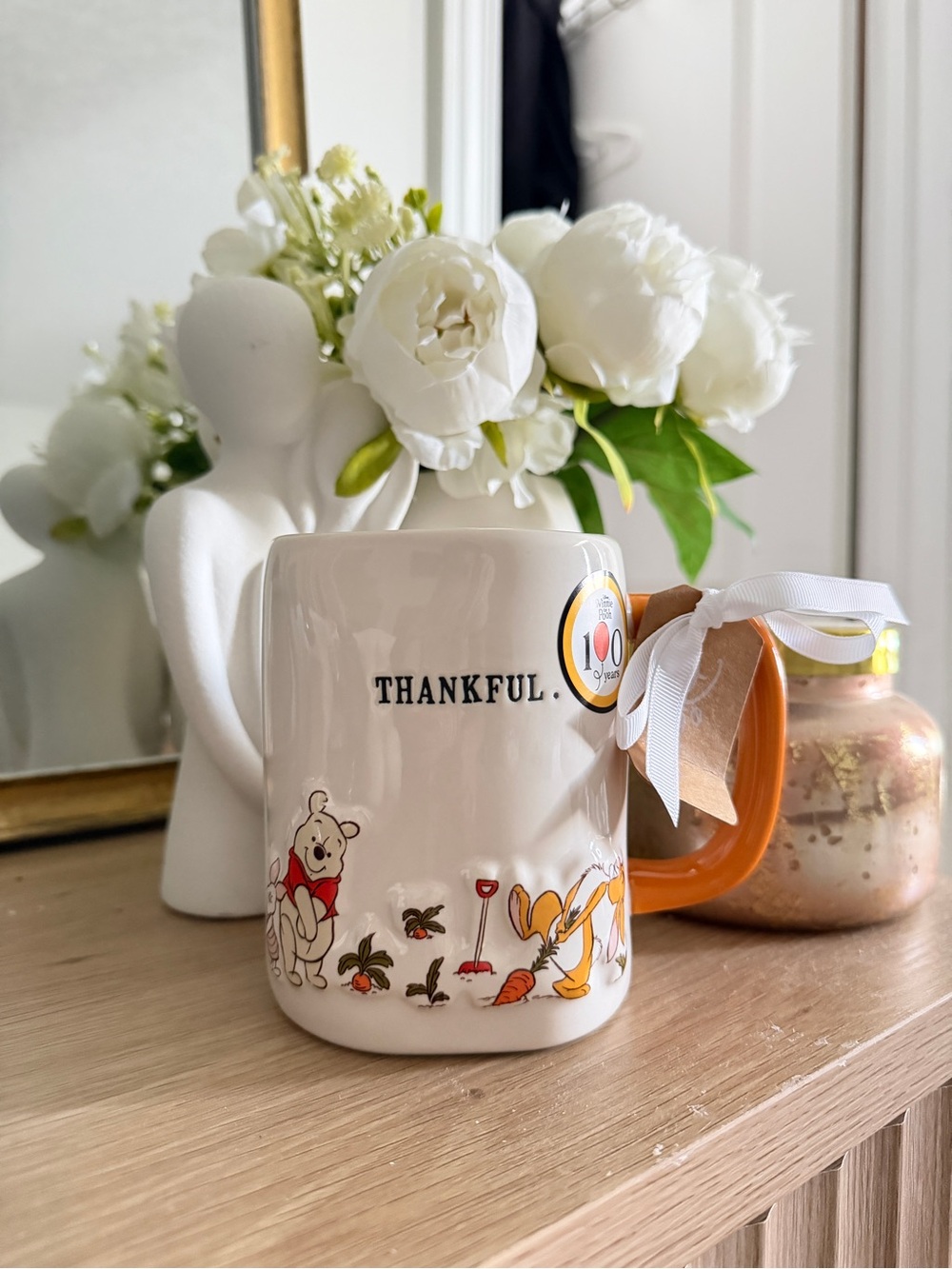 Disney Rae Dunn White Ceramic Winnie the Pooh 'Thankful' Mug with Orange Handle